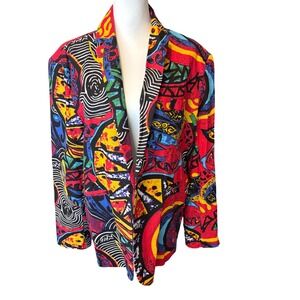 Vintage Style Abstract Geometric Tribal Print Cotton Blazer Multi-Color Jacket